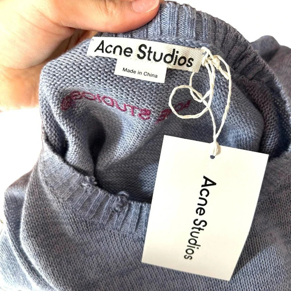 Acne Studios Sweater Peace Sign Embroidered Jumper Knit Blue Size Large *Damaged - Picture 9 of 13